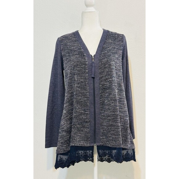 LOGO Lounge by Lori Goldstein Size XS V-Neck Zip Up Sweater Cardigan Lace Hem - Picture 2 of 12